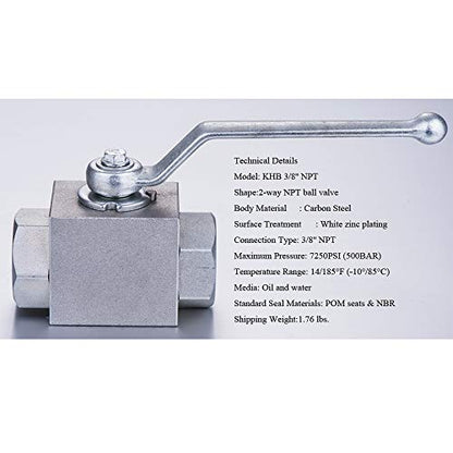 Taixin Hydraulic High Pressure Ball Valve 2 Way 3/8''NPT 7250 PSI KHB Shut-Off Hydraulic Valve - size: 3/8 NPT, style: KHB