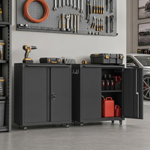IRONFFICE Metal Storage Cabinet with Wheels,Lockable Steel Rolling Storage Cabinet with 2 Doors for Garage,Home Office,Assembly Required,Black - color: Black, size: 31.9"H
