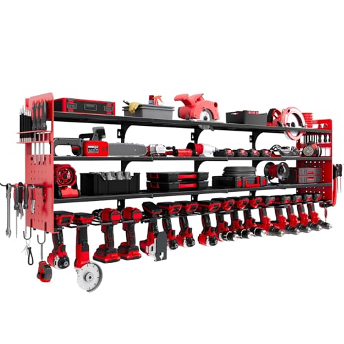 Large Power Tool Organizer Wall Mount, 16 Drill Holders Storage Rack, Red - color: Red