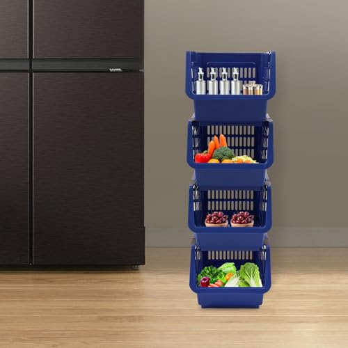 4 Pcs Open Front Stackable Storage Bins, PP Stacking Organizer Baskets with Rolling Wheels, Telescopic Buckles, Nestable, 38.58lbs Load (Blue) - color: Blue