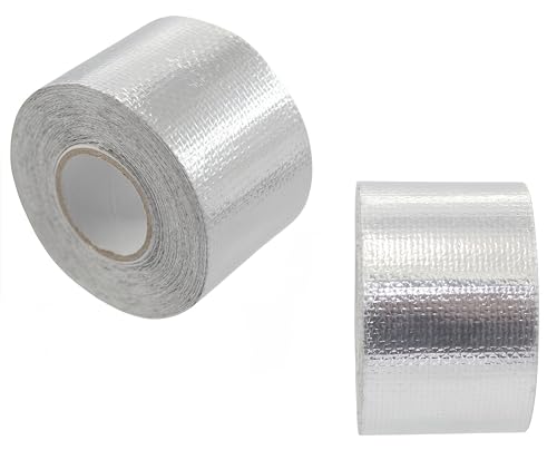 2 Rolls Fireproof Self-Adhesive Heat Shield Tape, Fiberglass Heat Resistant Tape High Temperature Reflective Silver Foil Tape Tear-Resistant for Automotive, HVAC, and Indus. Use (1.5inch*14.76ft)