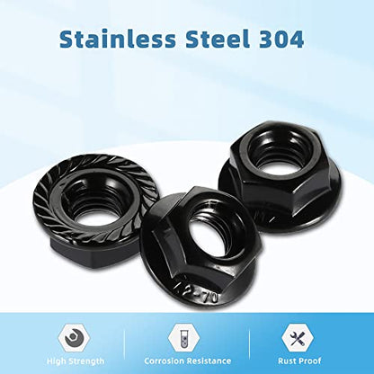 1/4-20 Serrated Flange Hex Lock Nuts, Stainless Steel 18-8 (304), Black Oxide, 50 PCS - color: Black, size: 1/4-20