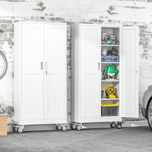 71" Metal Garage Storage Cabinet with Wheels and Locking Doors and Tall Rolling Steel Tool Cabinet with 4 Adjustable Shelves for Garage,Home,Office,Shop (White, 71''H x 30''W x15''D) - color: White, size: 71"H x 30"W x 15"D