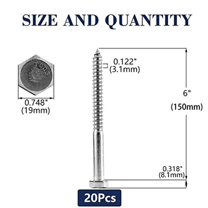 1/2" x 6" Hex Head Lag Screws Bolts 20Pcs 304 Stainless Steel 18-8, Partial Thread, Hexagon Head Wood Screws by SG TZH - size: 1/2-13 x 6"