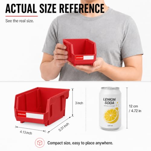 6 Pack Stackable Plastic Parts Bins, 5x4x3 in, Red - color: Red-6 Pack, size: 5"x4"x3"