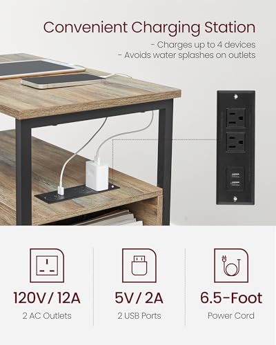 VASAGLE Side End Table with Charging Station, Slim Nightstand with Storage - color: Turquoise Brown + Ink Black, size: 23.6"D x 11.8"W