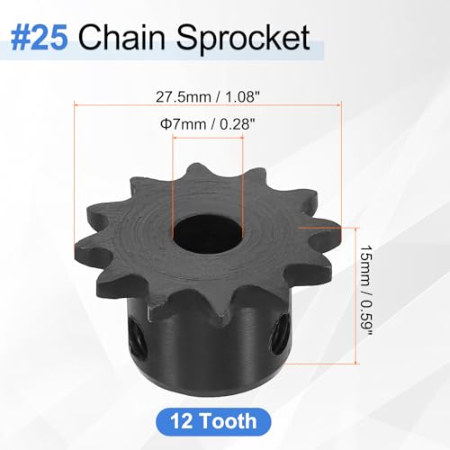 uxcell #25 Chain Roller Sprocket 7mm Bore 27.5mm OD, 12 Tooth C45 Carbon Steel ANSI #25 Roller Sprocket Round Hole with Set Screws for ISO 04C Chain, Black - size: 7mm Bore 27.5mm OD, 12 Tooth