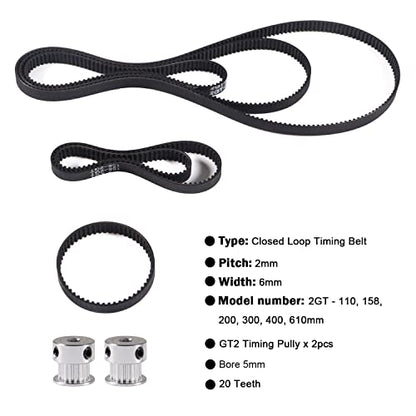 6PCS GT2 Timing Belt - 110mm, 158mm, 200mm, 300mm, 400mm, 610mm Width 6mm + 2PCS GT2 Timing Belt Pulley 20 Teeth 5 Bore for 3D Printer, Dishwashers, Packaging Machinery