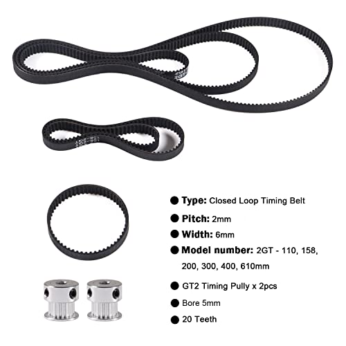 6PCS GT2 Timing Belt - 110mm, 158mm, 200mm, 300mm, 400mm, 610mm Width 6mm + 2PCS GT2 Timing Belt Pulley 20 Teeth 5 Bore for 3D Printer, Dishwashers, Packaging Machinery