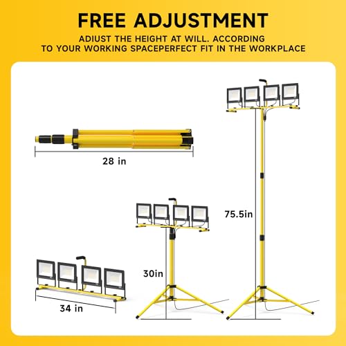 TOPRATED Plug In Led Work Light with Stand,28000 Lumen 110V 4 Adjustable Head Outdoor Flood Lights,Foldable Mechanic Light with 16.5Ft Power Cord,Portable Waterproof Tripod with Lamp for Workbench - size: ONE PACK