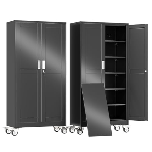 erosoei 74" H Metal Garage Storage Cabinet, Rolling Tool Cabinet with 2 Doors and Wheels, Locker Steel Cabinet with 5 Adjustable Shelves, Organization Cabinet for Garage,Office,Home,Gym,School - color: Black, size: Upgraded Size