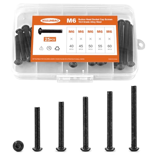M6 x 40mm 45mm 50mm 55mm 60mm Button Head Socket Cap Screws Bolts 10.9 Grade Alloy Steel Metric Machine, Black Oxide Finish, Allen Hex Drive, Fully Threaded, Assortment Kit 25PCS - size: M6 x 40/45/50/55/60mm (25PCS)