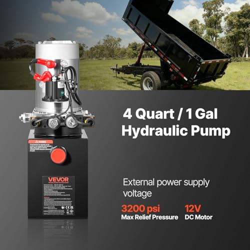 VEVOR 4 Quart Hydraulic Power Unit, Double Acting Dump Trailer Pump, 3200 PSI Max Relief Pressure & 0.91 GPM Flow Rate, DC 12V Hydraulic Pump with Metal Reservoir for Dump Trailer Car Lifting, Black - size: 4 Quart, style: Double Acting