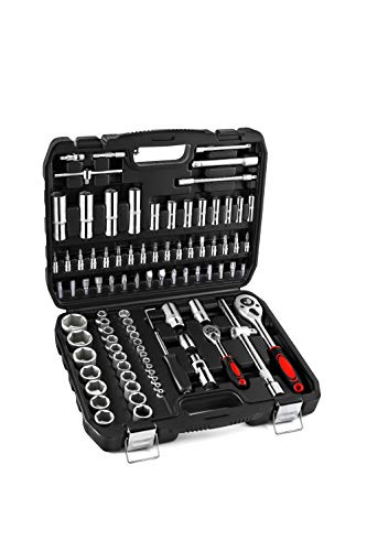XHTT 94 Piece Tools For Mechanics,Metric And Standard 1/4,1/2 Socket Set,And Ratchet Set,Universal Joint,Extension Bars And Quick Release Reversible Ratchet Wrench,Plastic Toolbox Storage.