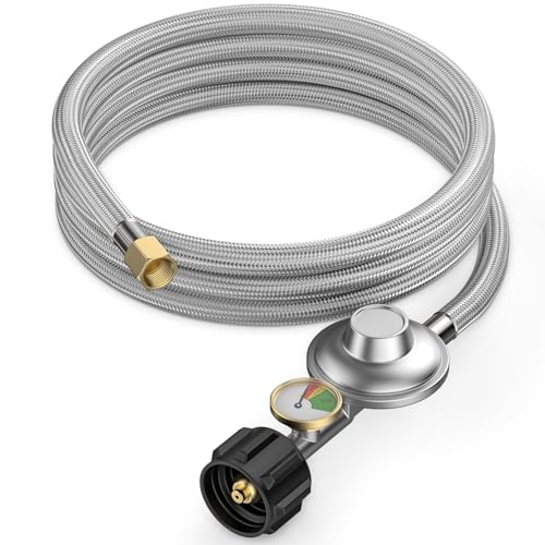 onlyfire 5 Feet Stainless Steel Propane Regulator Hose with Tank Gauge - size: 5Ft long propane hose