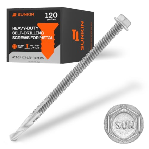 SUNKIN 120PCs Self Tapping Screws for Metal, Hex Head #12 x 3-1/2 Inch, Self Drilling for Thick Steel, Less Effort Installation, Long Lasting Anti Rust Coating - size: #12x3-1/2 inch(120pcs)