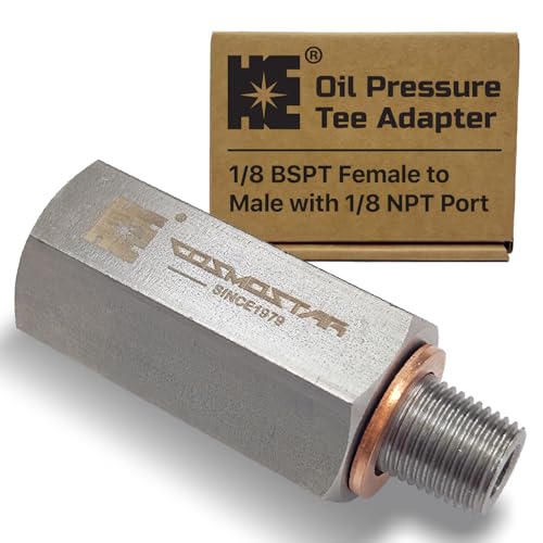 Cosmostar 1/8" BSPT Stainless Steel Oil Pressure Tee Adapter, 1/8 BSPT Female to Male with 1/8 NPT Port, 304 SS Heavy-Duty Fitting for Oil Pressure Gauge, Turbo Feed Line (OPTBS02N02)