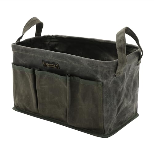 Tool Bag for Organizing, Waxed Canvas Wide Open Top Tool Tote Bag with 6 External Pockets, 13.8 x 7.8 x 7.8 Inches (ArmyGreen) - color: ArmyGreen-Single