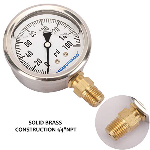 MEASUREMAN 2-1/2" Dial Size, Glycerin Filled Plumbing Pressure Gauge, 0-160psi, Stainless Steel Case, 1/4" NPT Lower Mount - size: 0-160 psi, style: Lower Mount