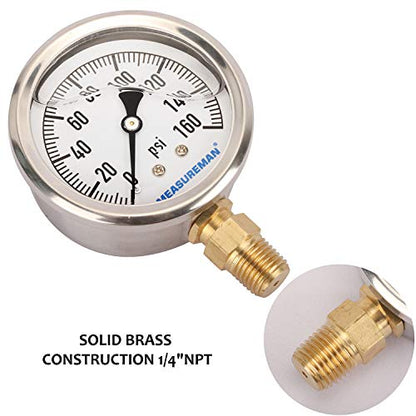 MEASUREMAN 2-1/2" Dial Size, Glycerin Filled Plumbing Pressure Gauge, 0-160psi, Stainless Steel Case, 1/4" NPT Lower Mount - size: 0-160 psi, style: Lower Mount
