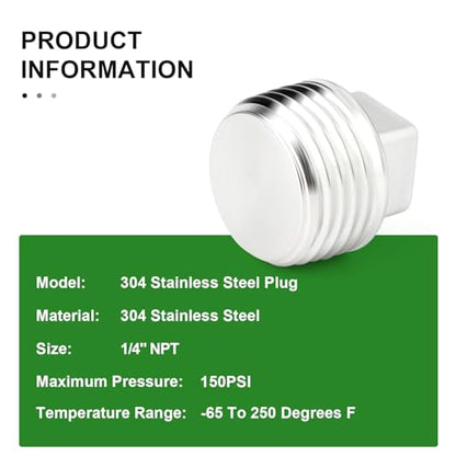 TAISHER 5Pcs 304 SS Square Thread Socket Pipe Plug Fitting 1/4" NPT Male - size: 1/4" MNPT(Plug)
