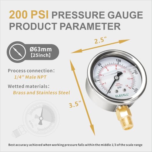 Water Pressure Gauge 200psi Silicone Oil Filled Pressure Gauge for Water Oil Air Pressure Test in Pool Pump Sand Filter Air Compressor Water System, 2-1/2" Stainless Steel Case, Lower Mount 1/4" NPT - size: 0-200 Psi, style: Lower Mount