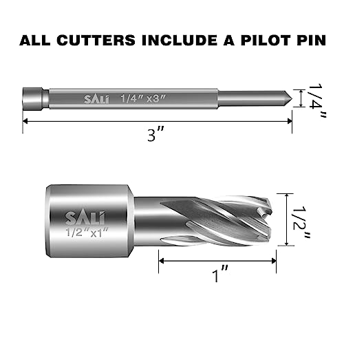 SALI Annular Cutter Diameter 1/2 Inch with Weldon Shank 3/4" (with 2 Flats) Cutting Depth 1" Mag Drill Bit for Magnetic Drill Press HSS Fully Ground Drill with One 1/4"*3" Pilot Pin - size: 1/2"*1"
