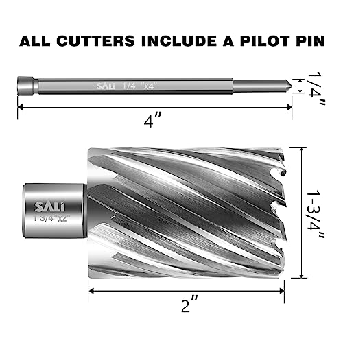 SALI Annular Cutter Diameter 1-3/4 Inch with Weldon Shank 3/4" (with 2 Flats) Cutting Depth 2" Mag Drill Bit for Magnetic Drill Press HSS Fully Ground Drill with One 1/4"*4" Pilot Pin - size: 1-3/4"*2"