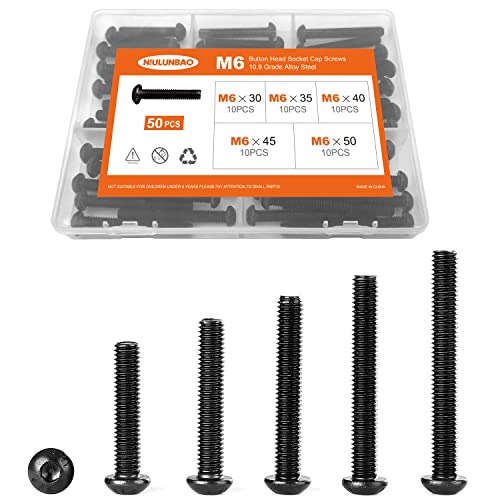 M6 x 30mm 35mm 40mm 45mm 50mm Button Head Socket Cap Screws Bolts 10.9 Grade Alloy Steel Metric Machine, Black Oxide Finish, Allen Hex Drive, Fully Threaded, Assortment Kit 50PCS - size: M6 x 30/35/40/45/50mm (50PCS)