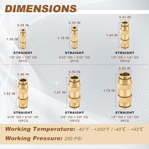 48PCS 6-Size Brass Dot Air Line Fitting Kit,1/8"-1/2" Straight Union - size: 1/4" + 3/8" + 5/16" + 5/32" + 1/8" + 1/2"