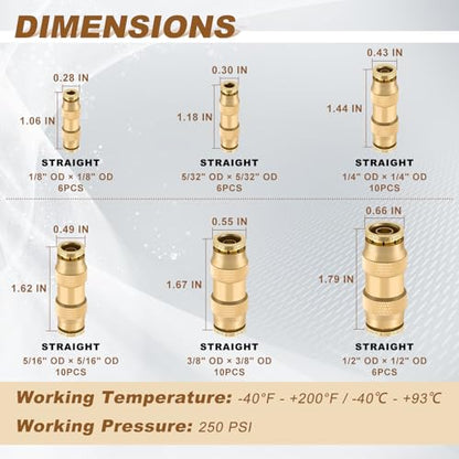 48PCS 6-Size Brass Dot Air Line Fitting Kit,1/8"-1/2" Straight Union - size: 1/4" + 3/8" + 5/16" + 5/32" + 1/8" + 1/2"