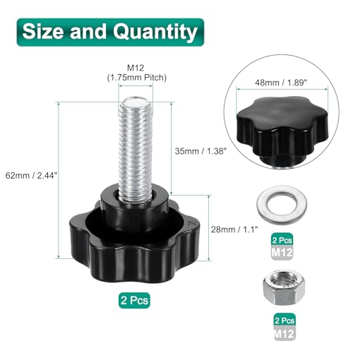 uxcell 2pcs Star Clamping Knobs with Nuts Washers, M12 x 35mm Metric Zinc Plated Carbon Steel Male Thread 48mm 6-Star Plastic Head, Threaded Stud Hand Knobs Handles Thumb Screws, Black - size: M12 x 35mm