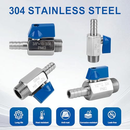 2Pack 1/2" Hose Barb to 1/2" NPT Male Mini Ball Valve 304 Stainless Steel Shut Off Valve with Clamps Kit for Air Water Fuel Gas (1/2" Barb x 1/2" NPT Male) - size: 1/2" Barb x 1/2" NPT Male