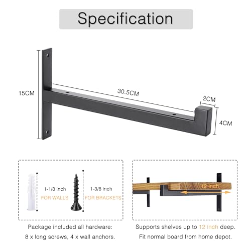 OVOV 2 Pcs Steel Heavy Duty Shelf Brackets Wall Mounted Industrial Metal Shelf Supports Matte Black 12 Inches - color: Black, size: 2 pack 12 inch