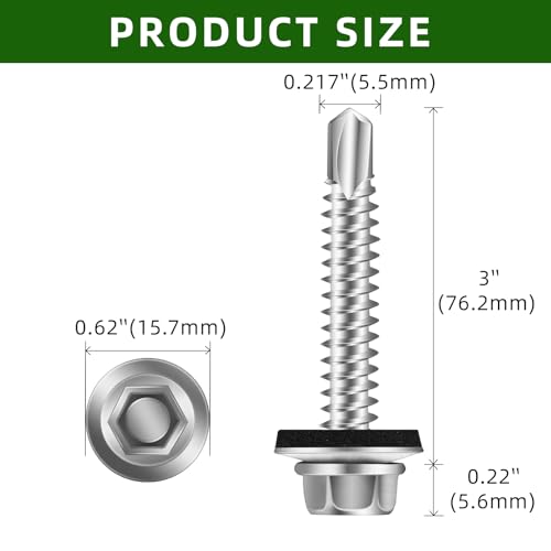 Mellewell #12 x 3 Self Drilling Metal Roofing Screws, Hex Head Sheet Metal Roof Screws with EPDM Washer, Hex Socket Included, 50 PCS - color: Silver, size: #12 x 3"