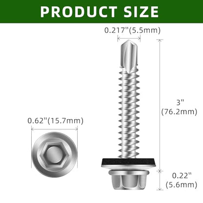 Mellewell #12 x 3 Self Drilling Metal Roofing Screws, Hex Head Sheet Metal Roof Screws with EPDM Washer, Hex Socket Included, 50 PCS - color: Silver, size: #12 x 3"