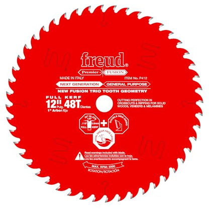 Freud P412: 12" x 48T Next Generation Premier Fusion General Purpose Blade for Crosscuts (3/8" to 3-1/2") & Rips (3/4" to 1-1/2") wood, laminate, veneered plywood, hardwoods & melamine. - style: Premier Fusion 12-Inch 48 Tooth Hi-ATB Perma-Shield Coated S