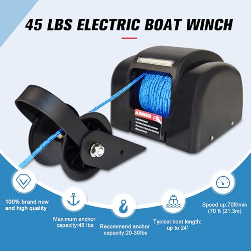 45 LBS Electric Boat Anchor Winch, Saltwater Electric Anchor Winch w/Wireless Remote Control & 98.42ft of Pre-Wound Anchor Rope 12V Marine Windlass Anchor Winch,Black