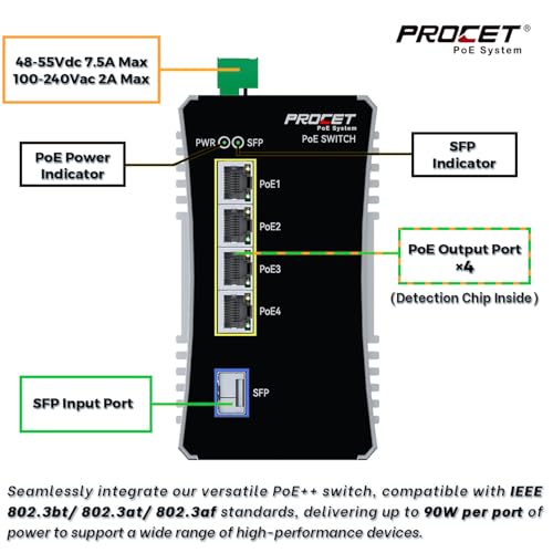 PROCET Gigabit PoE Switch 4-Port Din Rail, 90W/Port, Industrial PoE++ Fiber Media Converter with Wide Temp -40°F to 149°F, SFP Slot, AC/DC Input, IEEE802.3af/802.3at/802.3bt, PT-PIS4PB1S-AC