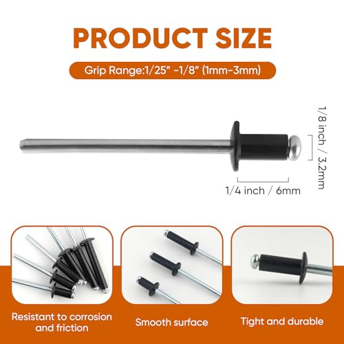 ALLCLEAN 300 Pcs 1/8" x 1/4" Black Aluminum Blind Rivets,3.2 x 6mm Pop Rivets,Aluminum Grip and Steel Mandrel - color: Black, size: 1/8"x1/4"