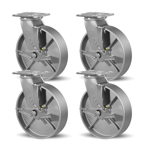 SY America 8" X 2" Cast Iron Caster Wheels,Set of 4 Heavy Duty Industrial Casters, Load Capacity 6000 lbs,Perfect Toolbox Caster Wheels-4 Brake - color: 4 Brake, size: 8" Wheel