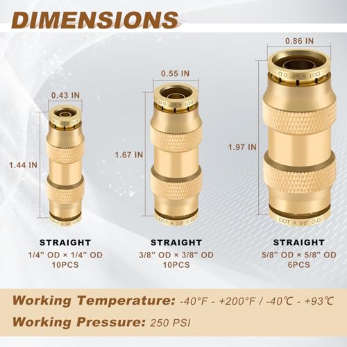 26PCS 1/4" 3/8" 5/8" Brass Dot Air Line Fittings Kit, Straight Union - size: 1/4" + 3/8" + 5/8"