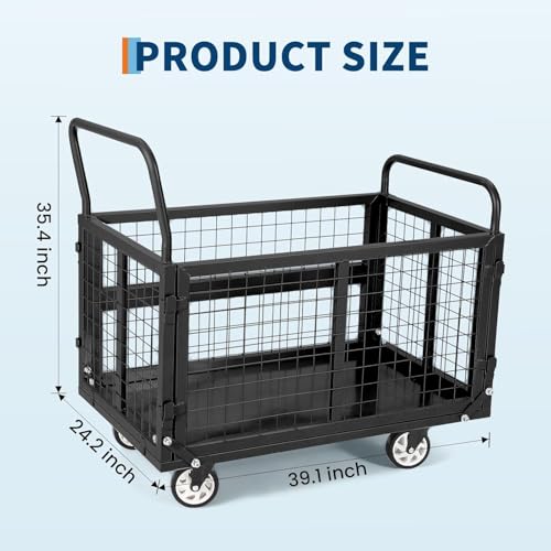 6-in-1 Folding Platform Cart, 2000LBS Heavy Duty Powder Coated Steel Frame, 39"X24" Reinforced Platform, 5" PU Lockable Casters, for Warehouse Industrial Home Commercial Use - Black - color: Black
