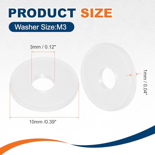 PATIKIL 125 Pcs Nylon Flat Washer M3 3mm ID 10mm OD 1mm THK White - color: White, size: 3mm x 10mm x 1mm