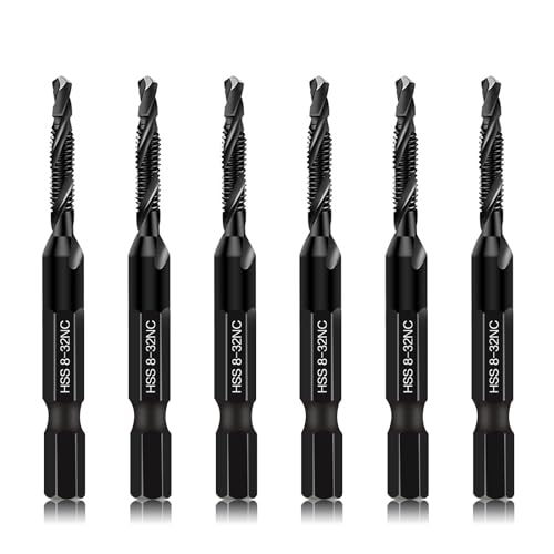 6-Piece 8-32NC Combination Drill Tap Countersink Bit Set SAE, Made of High-Speed Steel with Anti-Rust Blackened Coating, Ideal for Soft Metal, Wood & Plastic, 8-32NC Thread Size, 1/4” Hex Shank - size: 8-32NC