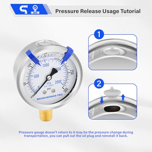 MEASUREMAN PRO 2.5'' Glycerin Filled Pressure Gauge, 0-300psi/kpa, 304 Stainless Steel Case, 1/4" NPT Lower Mount,for Regulator, Air Compressor, Water System, HVAC, Hydraulic Test - size: 2.5'' (Lower Mount), style: 0-300 psi
