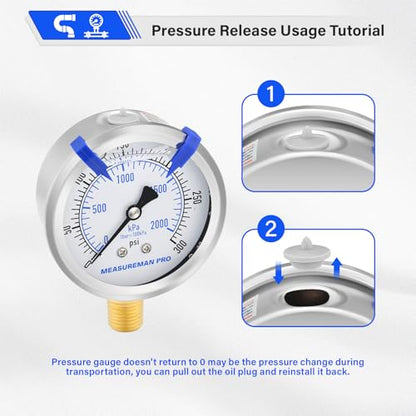 MEASUREMAN PRO 2.5'' Glycerin Filled Pressure Gauge, 0-300psi/kpa, 304 Stainless Steel Case, 1/4" NPT Lower Mount,for Regulator, Air Compressor, Water System, HVAC, Hydraulic Test - size: 2.5'' (Lower Mount), style: 0-300 psi