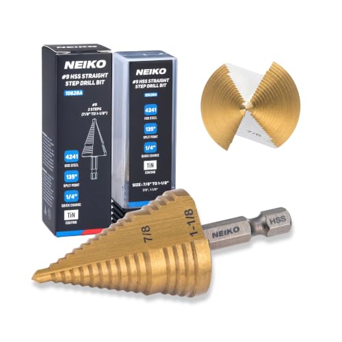 NEIKO 10628A Step Drill Bit, 2 Steps 7/8" to 1-1/8" Straight High Speed Steel, Titanium Nitride Coated, 1/4" Quick Change Step Bits for Steel, Metal, Wood, Plastic, Unibit Cone Drill Bits, Two Flute - size: #9 (7/8 - 1-1/8", 2S), style: Straight