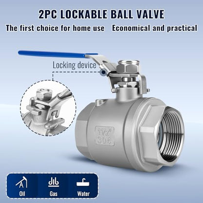 2 Pack 1.5" Ball Valves NPT Female Valve 304 Stainless Steel Full Port Locking Ball Valve Handle, Heavy Duty Shut Off Valve for Home and Industrial (1.5 Inch) - size: 1.5 Inch