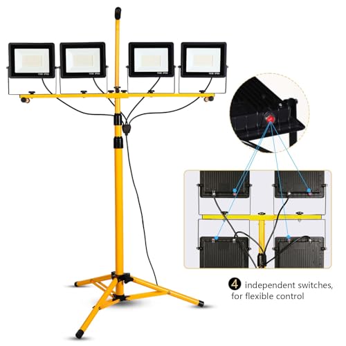 40000Lumen LED Work Lights with Stand - 4Head Portable Work Light on Stand - IP66 Waterproof Tripod Worklights for Outdoor Indoor Job Site Workshop Garage Construction Site Lighting